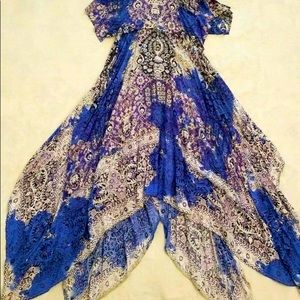 Flowy Assymetric Shark Bite Hem Boho Maxi Dress, Full Sweep, Sz S